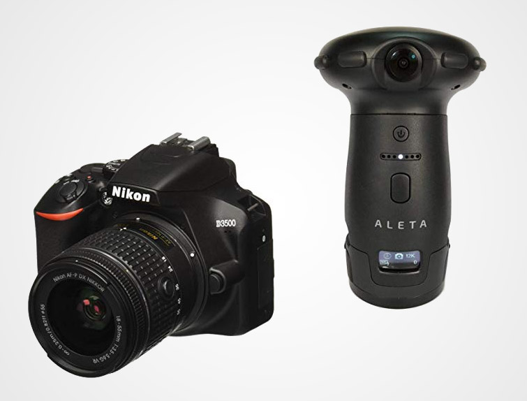 Зеркальная DSLR камера со специальной камерой для съемки сферических 360-градусных панорам. Вот пример двух виртуальных туров снятых 1) на камеру Nikon D3500 и 2) на камеру Aleta S2C.